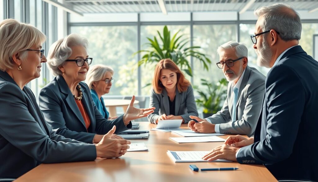 A vibrant, professional illustration depicting a diverse group of older entrepreneurs engaging in a collaborative meeting around a large table. In the foreground, an elderly woman in smart business attire gestures while presenting ideas. Beside her, a senior man with glasses attentively takes notes. The middle ground features younger professionals from Sebrae providing guidance and support, showing a blend of ages and backgrounds. In the background, a bright, inviting office space with large windows and greenery adds a sense of optimism. Soft, natural lighting accentuates the atmosphere of collaboration and mentorship, with a focused lens that draws attention to the interaction between the individuals. The mood is uplifting and inspiring, highlighting the importance of support in senior entrepreneurship.