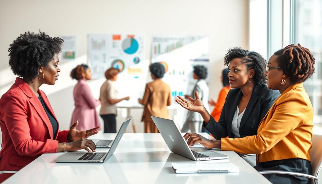 A vibrant scene depicting a diverse group of senior Black women engaged in a business meeting, showcasing entrepreneurship. In the foreground, two women in professional business attire are actively discussing ideas at a modern conference table, with laptops and notepads in front of them. One woman is gesturing passionately, while the other is listening intently. In the middle ground, additional team members collaborate on a brainstorming session, surrounded by charts and posters that highlight various business concepts. The background features a bright, sunlit office environment with floor-to-ceiling windows, allowing natural light to stream in, creating a warm and inviting atmosphere. The overall mood is one of empowerment and collaboration, emphasizing the challenges and opportunities that senior women entrepreneurs face in a positive light.