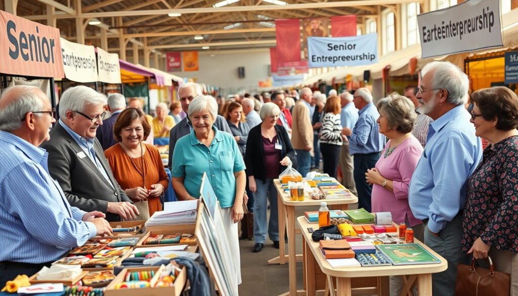 A vibrant scene depicting seniors engaging in entrepreneurial activities at a lively marketplace setting. In the foreground, a diverse group of elderly individuals, both men and women, dressed in professional business attire and modest casual clothing, enthusiastically discuss ideas at a booth filled with handmade crafts and local products. In the middle ground, small tables hold displays of various goods, while other groups of seniors network and share experiences. The background features colorful market stalls and banners promoting "Senior Entrepreneurship," with soft, natural lighting creating an inviting atmosphere. Capture the spirit of collaboration and innovation, emphasizing the joy and empowerment of seniors in business, with a warm and motivational ambiance.