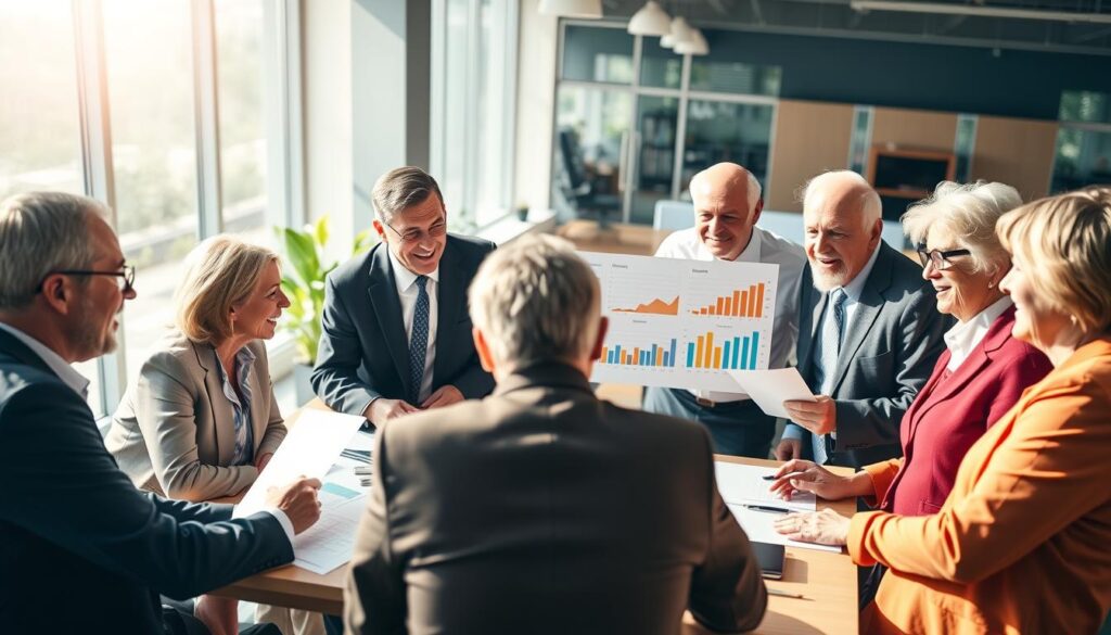 A vibrant scene illustrating the impact of senior entrepreneurs in the marketplace. In the foreground, a diverse group of senior individuals dressed in professional business attire engages in a collaborative discussion around a table filled with documents and digital devices. In the middle, displays of colorful charts and graphs symbolize business growth and market trends. In the background, a modern office environment with large windows allowing natural light to pour in, creating an optimistic and inviting atmosphere. The angle is slightly above eye-level, showcasing both the engaged expressions of the entrepreneurs and the dynamic workspace. The overall mood is one of inspiration, empowerment, and innovation among senior business leaders.