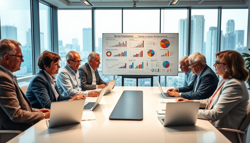 A vibrant scene showcasing senior entrepreneurs in a modern office setting, focused on collaboration and innovation. In the foreground, a diverse group of older adults (50s to 70s) dressed in professional business attire, engaged in a brainstorming session around a sleek table filled with laptops and notepads. In the middle ground, a large whiteboard filled with colorful charts and graphs illustrates trends in senior entrepreneurship. The background features large windows with soft natural light streaming in, overlooking a bustling cityscape. The atmosphere exudes optimism and determination, with a warm color palette and a focus on teamwork and creativity, emphasizing the unique perspectives and experiences of senior entrepreneurs.