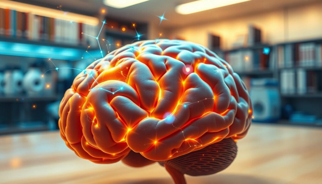 A visually captivating representation of neuroscience, illustrating the human brain's intricate structure and function. In the foreground, a detailed close-up of a human brain, showcasing neural pathways and synapses glowing with vibrant colors like electric blue and bright yellow, symbolizing activity and connectivity. In the middle ground, abstract representations of neurotransmitters and brain waves fluttering around, with soft sparkles and soft focus to create a dynamic feel. The background features a blurred lab setting with sleek, modern scientific equipment and bookshelves lined with neuroscience texts, enhancing the academic atmosphere. Warm lighting bathes the scene, creating an inviting and engaging mood that inspires curiosity and exploration. The image is composed with a gentle depth of field, ensuring the brain remains the focal point while providing context.