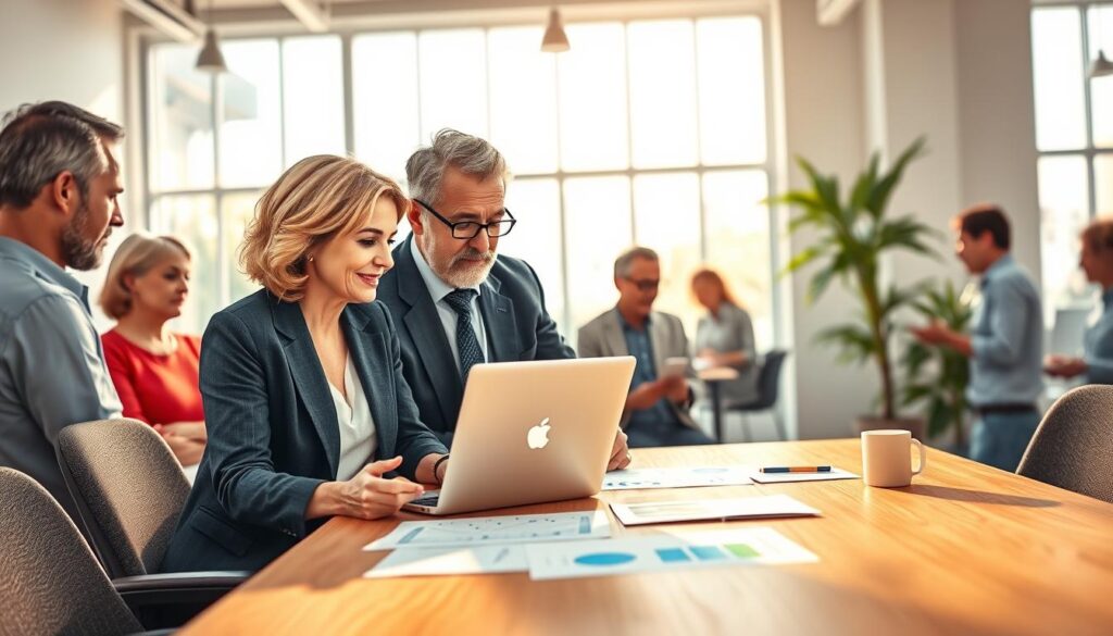 A visually engaging illustration of "Human Behavioral Intelligence Theory," featuring a diverse group of mature entrepreneurs engaged in thoughtful discussion. In the foreground, show two senior professionals, a woman and a man, sharing ideas over a laptop, both dressed in smart business attire. The middle ground depicts a brainstorming session with notes and charts on a wooden table, symbolizing collaboration and innovation. In the background, a bright, airy office space with large windows allowing natural light to flood in, creating a warm and inviting atmosphere. Soft shadows and highlights enhance the professionalism of the scene. The overall mood should convey curiosity, engagement, and a sense of purpose in the exploration of behavioral intelligence concepts in entrepreneurship among seniors.