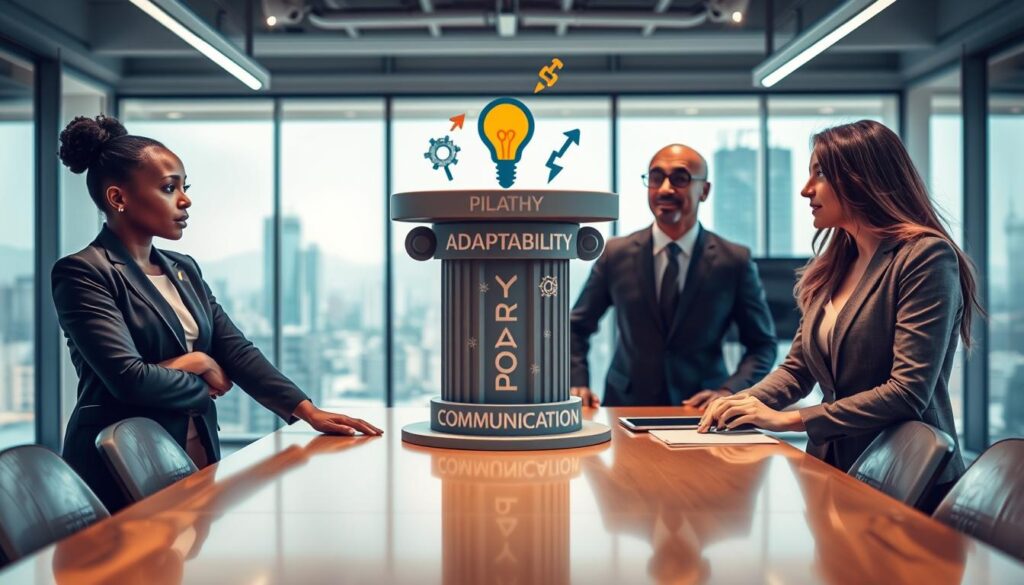 A visually engaging representation of "Pilares da Inteligência Comportamental" in a professional setting. In the foreground, three diverse business professionals (a Black woman, a Hispanic man, and a Caucasian woman) are collaborating around a modern conference table, each depicting different aspects of behavioral intelligence: empathy, adaptability, and communication. In the middle, a large, stylized pillar structure symbolizes these concepts, adorned with visual metaphors such as light bulbs, gears, and arrows indicating progress. The background features a sleek, bright office landscape with large windows letting in natural light, creating an inspiring and motivational atmosphere. Capture this scene with a wide-angle lens to emphasize depth, and use warm, bright lighting to evoke a sense of positivity and teamwork.