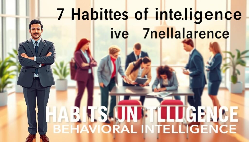 A visually striking illustration of the concept "7 Habits of Behavioral Intelligence," showcasing a diverse group of professionals engaged in various activities that symbolize high performance. In the foreground, a confident individual in business attire stands with arms crossed, exuding leadership. In the middle ground, a collaborative team is brainstorming around a table filled with notes and a digital tablet, emphasizing teamwork and communication. In the background, a bright and modern office setting with large windows allows natural light to flood the room, creating an energetic and inspiring atmosphere. Use warm, inviting colors to convey motivation and focus, with a slight lens blur on the background to enhance the depth. Capture the essence of behavioral intelligence through body language and expressions that reflect determination and collaboration. A visually striking illustration of the concept "7 Habits of Behavioral Intelligence," showcasing a diverse group of professionals engaged in various activities that symbolize high performance. In the foreground, a confident individual in business attire stands with arms crossed, exuding leadership. In the middle ground, a collaborative team is brainstorming around a table filled with notes and a digital tablet, emphasizing teamwork and communication. In the background, a bright and modern office setting with large windows allows natural light to flood the room, creating an energetic and inspiring atmosphere. Use warm, inviting colors to convey motivation and focus, with a slight lens blur on the background to enhance the depth. Capture the essence of behavioral intelligence through body language and expressions that reflect determination and collaboration.