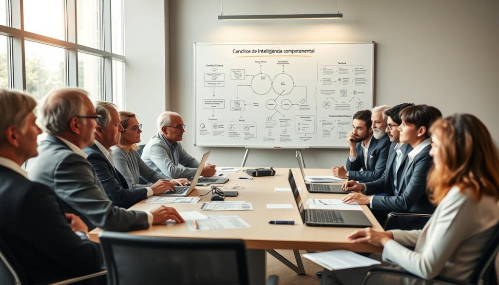 A visually striking image illustrating "Conceitos de Inteligência Comportamental" set in a contemporary office environment. In the foreground, a diverse group of senior entrepreneurs, dressed in professional business attire, engages in a discussion around a conference table filled with charts, laptops, and notes, symbolizing collaboration and strategic thinking. In the middle ground, a large whiteboard displays diagrams and key concepts related to behavioral intelligence, emphasizing connection and interaction. The background features large windows with natural light streaming in, creating an inviting and open atmosphere. Use soft, warm lighting to evoke a sense of inspiration and positivity, captured with a slight depth of field to focus on the engaged expressions of the participants, conveying the essence of behavioral intelligence in entrepreneurship.