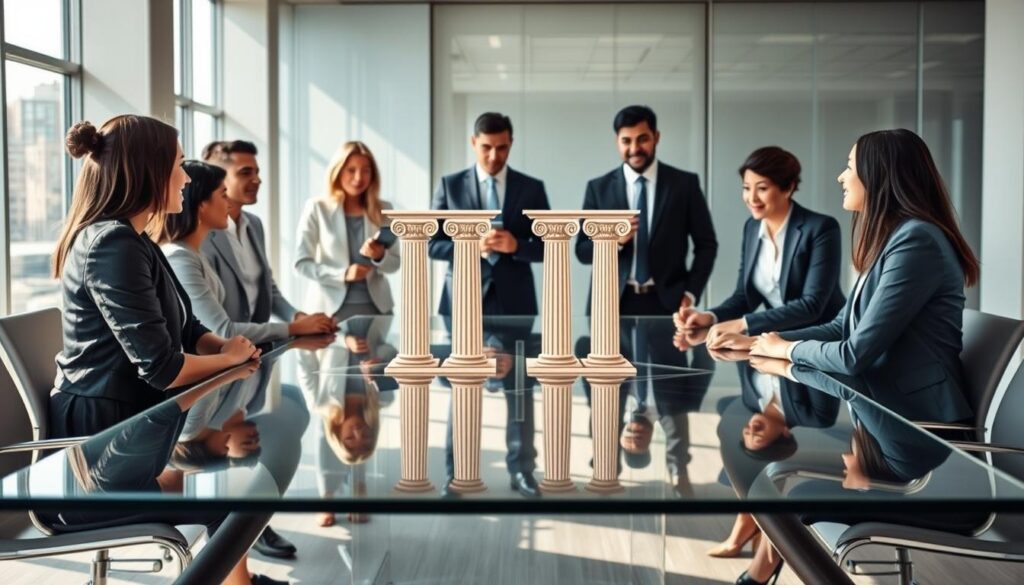 A visually striking representation of the "Pillars of Behavioral Intelligence." In the foreground, a diverse group of professional individuals dressed in smart business attire, engaged in an animated discussion around a large, transparent glass table. In the middle, abstract illustrations of four pillars, symbolizing key elements of behavioral intelligence: empathy, adaptability, communication, and self-awareness, elegantly rising from the table. The background features a modern office setting with large windows that allow natural light to flood the space, casting soft shadows. The mood is inspiring and collaborative, suggesting a dynamic environment of leaders exchanging ideas. Utilize a wide-angle lens for a broader view, highlighting both the people and the conceptual pillars in harmonious balance.