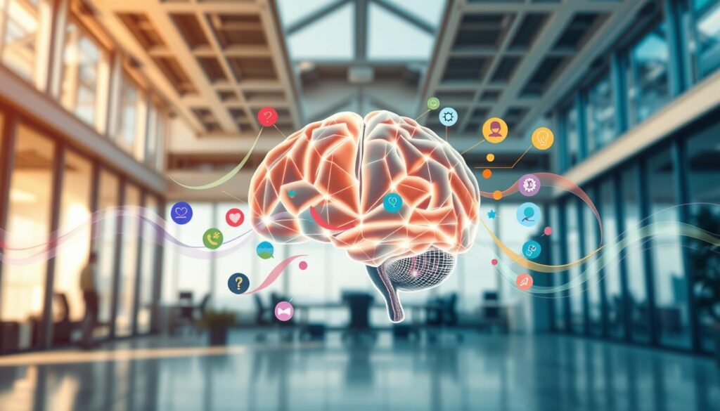 A visually striking representation of the concept "integration of emotions, actions, and results." In the foreground, an abstract human brain made of interconnected geometric shapes symbolizes intelligence and behavior, glowing softly. The middle ground features various emotions depicted as colorful, flowing waves surrounding the brain, illustrating the dynamic interplay between feelings and thought processes. In the background, a serene office environment with large windows, natural light pouring in, creating a bright and inspiring atmosphere. Use a professional camera angle that captures the brain prominently with a shallow depth of field to ensure clarity. The overall mood should be uplifting and motivational, showcasing the potential for success through behavioral intelligence.