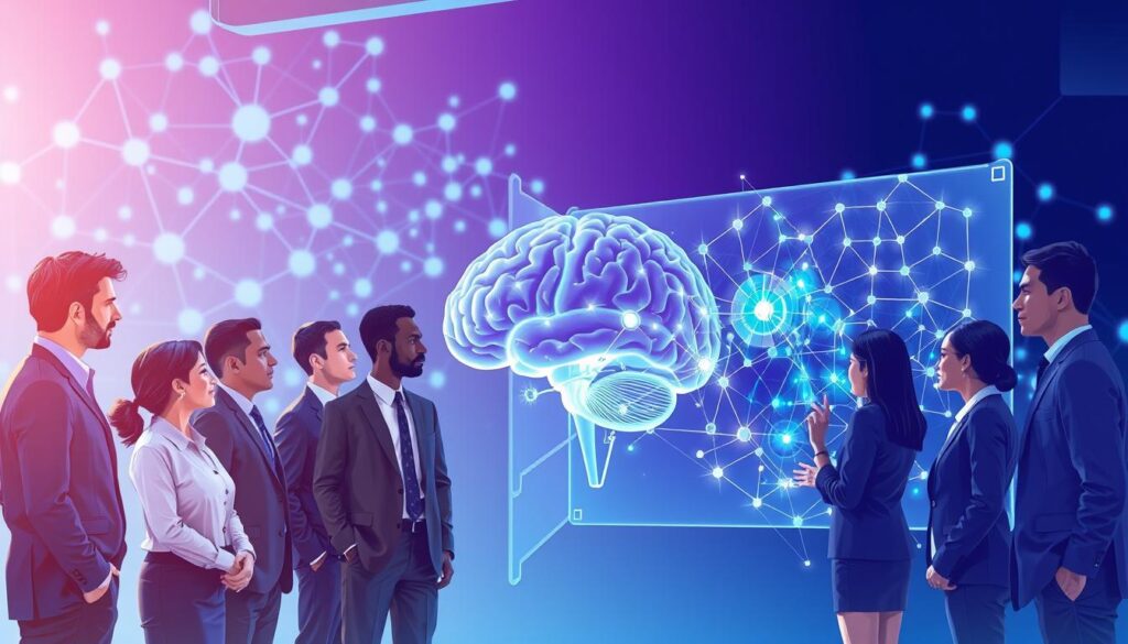 A vivid and engaging illustration depicting the theme of neuroscience research insights. In the foreground, a diverse group of professionals in smart business attire, deeply focused, are engaged in a discussion around a futuristic digital display showcasing brain activity patterns and data visuals. The middle ground features a transparent human brain with neural connections illuminated, symbolizing complex thoughts and behaviors. In the background, an abstract representation of a neural network, with glowing nodes and connections, conveys advanced research. The lighting is bright and modern, with a cool color palette of blues and purples to invoke a sense of innovation and discovery. The atmosphere is collaborative and thought-provoking, emphasizing the pursuit of knowledge and understanding in neuroscience.