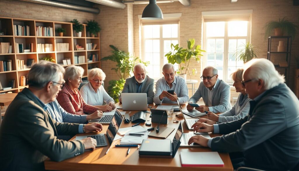 A warm and welcoming co-working space filled with older entrepreneurs collaborating on business ideas. In the foreground, a diverse group of senior individuals, both men and women, dressed in professional business attire, are engaged in a lively discussion around a large wooden table cluttered with laptops, tablets, and notepads. In the middle, sunlight streams through large windows, casting shadows and creating a vibrant atmosphere that suggests creativity and innovation. The background features shelves filled with books and plants, adding a touch of greenery. The overall mood is optimistic and empowering, capturing the essence of opportunities in entrepreneurship for the elderly, with a focus on teamwork and shared knowledge, shot with a soft-focus lens to enhance the inviting ambiance.