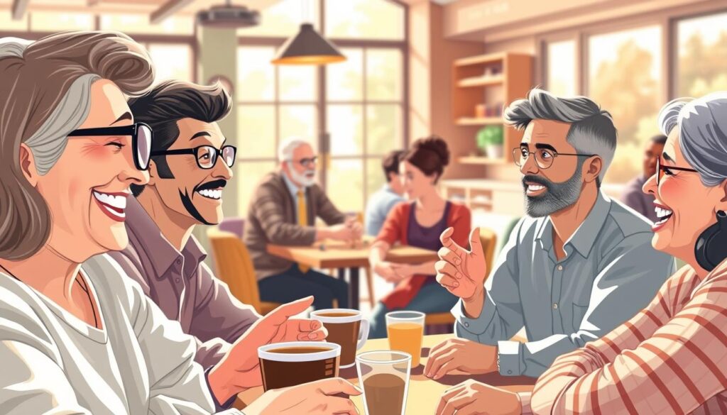 A dynamic and heartwarming illustration of social connection, featuring a diverse group of adults from different age groups and backgrounds engaging in lively conversation and activities. In the foreground, two smiling individuals—one with glasses and the other with a joyful expression—are exchanging ideas over coffee in a cozy setting, with their hands animatedly gesturing. In the middle ground, a group of friends is playing board games, fostering laughter and friendly competition. The background reveals a warm, inviting café with soft natural lighting streaming through large windows, creating a sense of comfort. Capture the essence of connection and community, emphasizing the significance of relationships in enhancing mental clarity and focus. The overall mood should be uplifting and encouraging, highlighting the importance of social bonds.