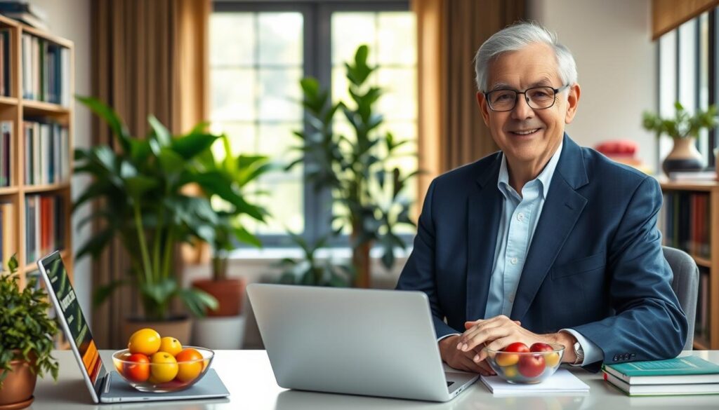 A professional portrait of Dr. Ju Furlan, a distinguished figure in the fields of nutrition and neuroscience. He is depicted in a well-lit, modern office setting filled with books on neurobiology and healthy aging. Dr. Furlan, an older gentleman with gray hair, wears a tailored navy suit and glasses, conveying wisdom and authority. In the foreground, a desk with a laptop and colorful fruit bowls symbolize healthy nutrition. The middle of the scene includes a large window letting in soft, natural light, creating a warm, inviting atmosphere. In the background, green plants provide a touch of nature, reinforcing the idea of health and vitality. The overall mood is one of professionalism and inspiration, emphasizing a commitment to promoting cognitive wellness in aging. A professional portrait of Dr. Ju Furlan, a distinguished figure in the fields of nutrition and neuroscience. He is depicted in a well-lit, modern office setting filled with books on neurobiology and healthy aging. Dr. Furlan, an older gentleman with gray hair, wears a tailored navy suit and glasses, conveying wisdom and authority. In the foreground, a desk with a laptop and colorful fruit bowls symbolize healthy nutrition. The middle of the scene includes a large window letting in soft, natural light, creating a warm, inviting atmosphere. In the background, green plants provide a touch of nature, reinforcing the idea of health and vitality. The overall mood is one of professionalism and inspiration, emphasizing a commitment to promoting cognitive wellness in aging.
