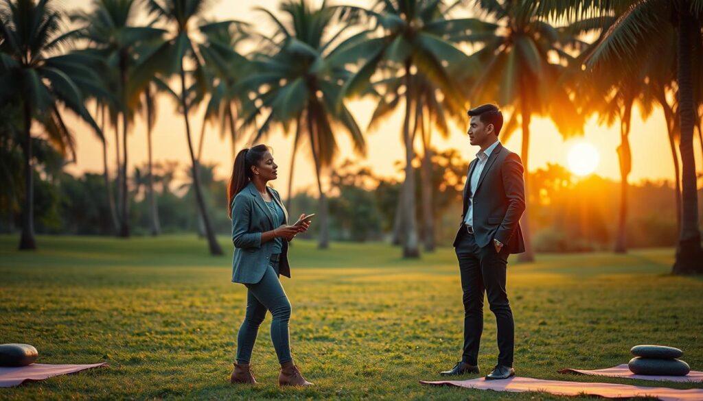 A serene Brazilian landscape showcasing the concept of neurowellness, featuring a diverse group of three professionals in a lush green park setting, engaging in a collaborative discussion. In the foreground, a middle-aged Black woman in a smart casual outfit is sharing ideas with a young Asian man wearing business casual. In the background, a vibrant sunset casts a warm golden glow over the scene, filtering through tall palm trees. Include elements like yoga mats and meditation stones scattered around to symbolize mindfulness and wellness practices. The atmosphere should be tranquil yet inspiring, emphasizing connection and the pursuit of health in the context of Brazilian culture. Use soft lighting to enhance the peaceful vibe, employing a shallow depth of field to focus on the individuals while maintaining a slightly blurred background.
