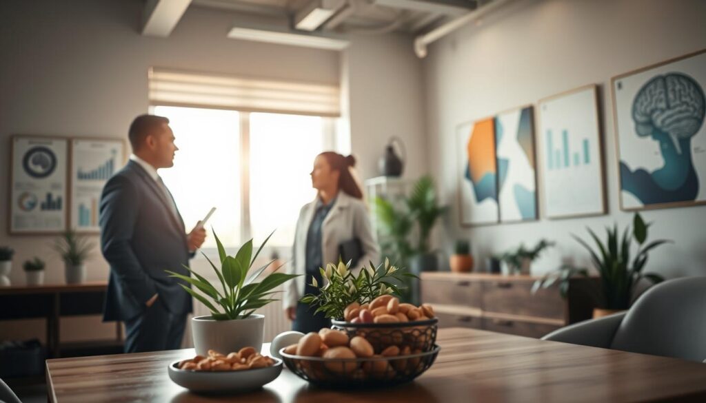 A serene and contemplative workspace emphasizing brain health care. In the foreground, a diverse group of three professionals in business attire are engaged in a discussion, surrounded by brain-focused visual aids, such as charts and diagrams. The middle ground features a large window letting in soft morning light, casting gentle shadows on a potted plant and a table filled with healthy snacks like nuts and fruits, symbolizing nourishment for the mind. In the background, calming colors and abstract art pieces reflect tranquility and focus. The atmosphere is positive and inspiring, encouraging a sense of well-being and intellectual curiosity, with a depth of field that gives a soft blur to the background elements while keeping the professionals sharply in focus.