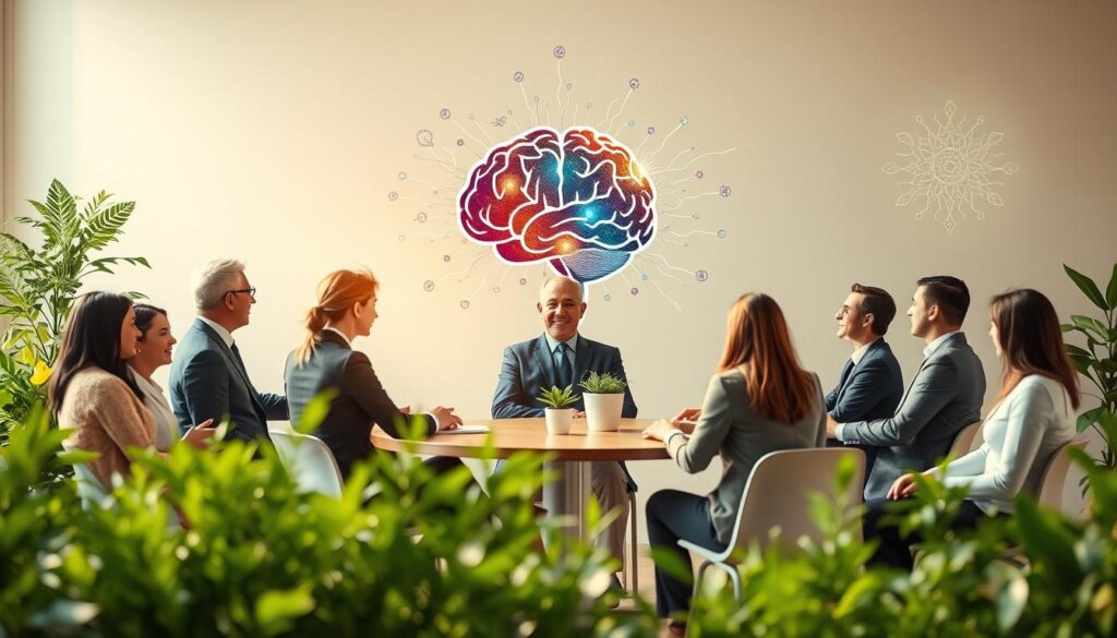 A serene and harmonious scene depicting the concept of "Neurowellness" as a strategy for cerebral health prevention. In the foreground, a diverse group of professionals in business attire is engaged in a collaborative discussion around a round table, surrounded by greenery symbolizing growth and vitality. In the middle, chiropractic adjustments and mindfulness practices are illustrated with visual representations such as light beams and calming colors that enhance focus. The background features a tranquil, softly lit environment with abstract representations of brain activity, neurons, and wellness symbols like a brain silhouette infused with nature. The lighting is warm and inviting, casting gentle shadows, creating a peaceful yet inspiring atmosphere, promoting the ideas of memory preservation and cognitive health. The angle is slightly elevated, giving a comprehensive view of the interaction, emphasizing the interconnectedness of mind and wellness. A serene and harmonious scene depicting the concept of "Neurowellness" as a strategy for cerebral health prevention. In the foreground, a diverse group of professionals in business attire is engaged in a collaborative discussion around a round table, surrounded by greenery symbolizing growth and vitality. In the middle, chiropractic adjustments and mindfulness practices are illustrated with visual representations such as light beams and calming colors that enhance focus. The background features a tranquil, softly lit environment with abstract representations of brain activity, neurons, and wellness symbols like a brain silhouette infused with nature. The lighting is warm and inviting, casting gentle shadows, creating a peaceful yet inspiring atmosphere, promoting the ideas of memory preservation and cognitive health. The angle is slightly elevated, giving a comprehensive view of the interaction, emphasizing the interconnectedness of mind and wellness.