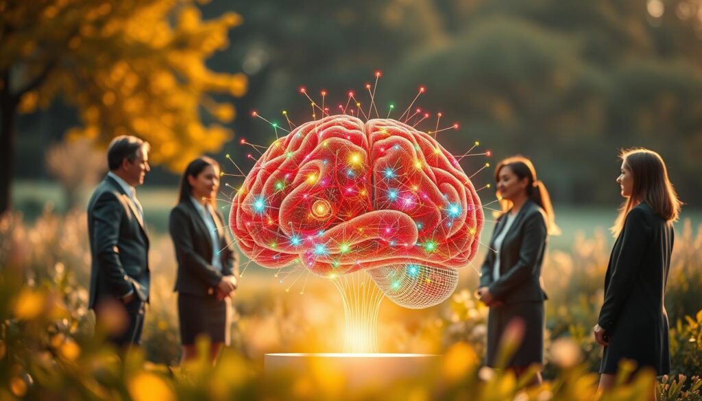 A serene and inspiring scene depicting the concept of neuroplasticity and emotional health. In the foreground, a diverse group of professionals, dressed in business attire, engage in a collaborative discussion around a large, intricate brain model made of colorful neural pathways. In the middle ground, abstract visualizations of synapses and neurons emerge, radiating with vibrant colors to symbolize creativity and emotional well-being. The background features a tranquil natural setting, like a soft-focus garden or a peaceful park, bathed in warm, golden light that creates an uplifting atmosphere. Use a soft focus lens to enhance a dreamy effect, with gentle bokeh surrounding the elements, evoking a sense of optimism and growth. A serene and inspiring scene depicting the concept of neuroplasticity and emotional health. In the foreground, a diverse group of professionals, dressed in business attire, engage in a collaborative discussion around a large, intricate brain model made of colorful neural pathways. In the middle ground, abstract visualizations of synapses and neurons emerge, radiating with vibrant colors to symbolize creativity and emotional well-being. The background features a tranquil natural setting, like a soft-focus garden or a peaceful park, bathed in warm, golden light that creates an uplifting atmosphere. Use a soft focus lens to enhance a dreamy effect, with gentle bokeh surrounding the elements, evoking a sense of optimism and growth.