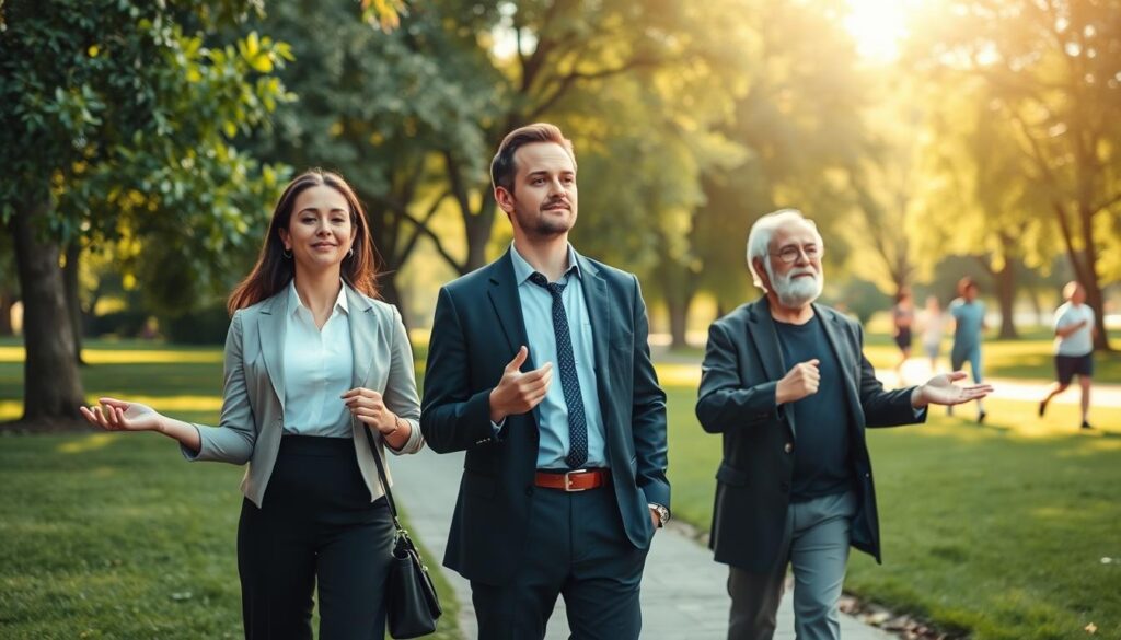 A serene and inspiring scene showcasing "práticas para longevidade cerebral." In the foreground, a diverse group of three professionals (a middle-aged woman, a young man, and an elderly man) engaging in mindfulness exercises and cognitive activities, dressed in professional business attire. In the middle ground, a tranquil park setting with lush greenery and gentle pathways, where people are seen participating in healthy lifestyle choices like light jogging and yoga, highlighting physical wellness. The background features soft, dappled sunlight filtering through the trees, creating an uplifting and warm atmosphere. The image composition should have a gentle focus, capturing the essence of wellness and longevity, with bright colors and a harmonious balance to evoke a sense of hope and vitality.
