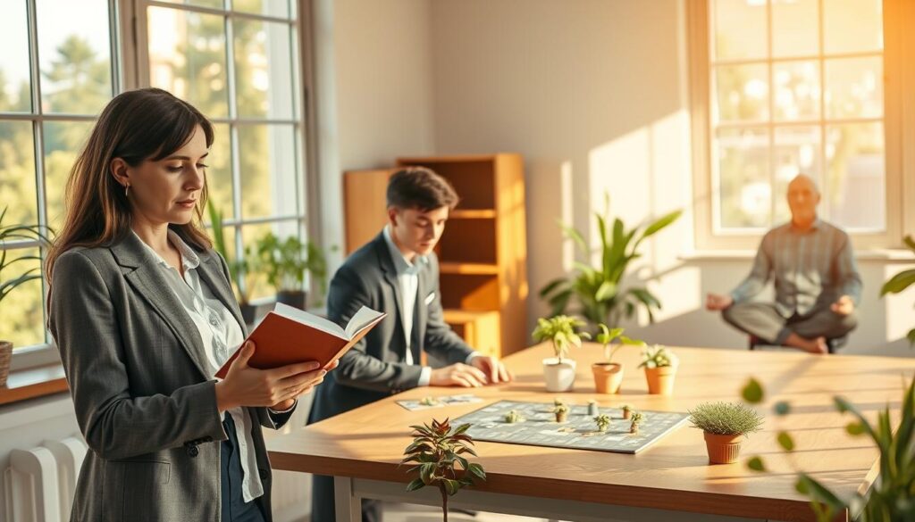 A serene and inspiring workspace filled with natural light, depicting a diverse group of three individuals engaged in cognitive-boosting activities. In the foreground, a middle-aged woman in smart casual attire is reading a book, her expression focused and contemplative. The middle area features a young man, also dressed in casual business attire, solving a puzzle on a table, surrounded by plants that symbolize growth. In the background, an older gentleman is practicing mindfulness through meditation. Sunlight streams in through large windows, casting soft shadows that create a calm and uplifting atmosphere. The scene emphasizes collaboration and personal growth, highlighting practices that enhance cognitive reserve, with warm color tones to evoke a sense of tranquility and motivation.