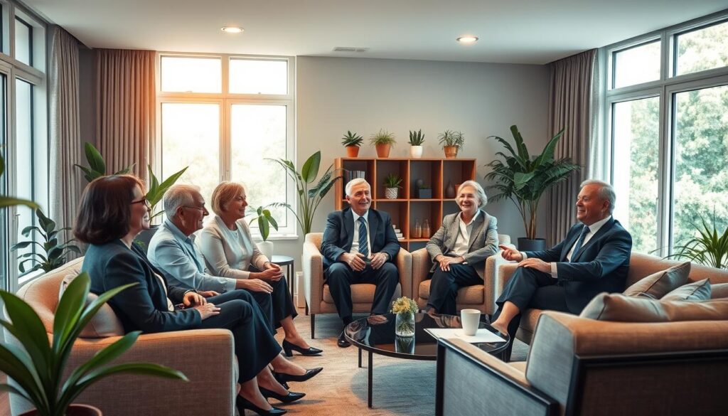 A serene and inviting therapy session room designed for Neurowellness practices, featuring a cozy seating area with modern furniture. In the foreground, a diverse group of elderly individuals, dressed in professional business attire, are engaged in an animated discussion, showcasing expressions of joy and inspiration. The middle ground displays calming decor, including plants and warm lighting, enhancing the atmosphere of well-being. In the background, large windows allow natural light to flood the space, creating an uplifting and peaceful environment. The overall mood is one of connection, empowerment, and creativity, emphasizing the positive impact of Neurowellness on productivity for individuals over 60. The image should convey a sense of hope and community, highlighting the transformative experiences shared by participants.