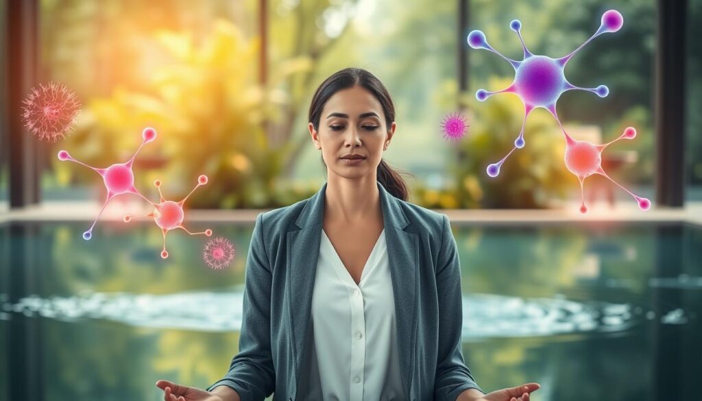 A serene and modern wellness space focused on neurowellness and dopamine balance. In the foreground, a professional woman, dressed in modest business attire, practices mindfulness meditation. Her expression is calm and focused, surrounded by soft, warm light. In the middle, there are abstract representations of neurotransmitters and neural connections, artistically rendered in vibrant colors to symbolize dopamine flow. The background features lush greenery and gentle, flowing water, illustrating a peaceful environment that enhances mental clarity and focus. The atmosphere should convey tranquility and renewal, with a soft bokeh effect highlighting the main subject while maintaining a harmonious blend of colors. Use a slight downward angle to emphasize the connection between the subject and her serene environment.