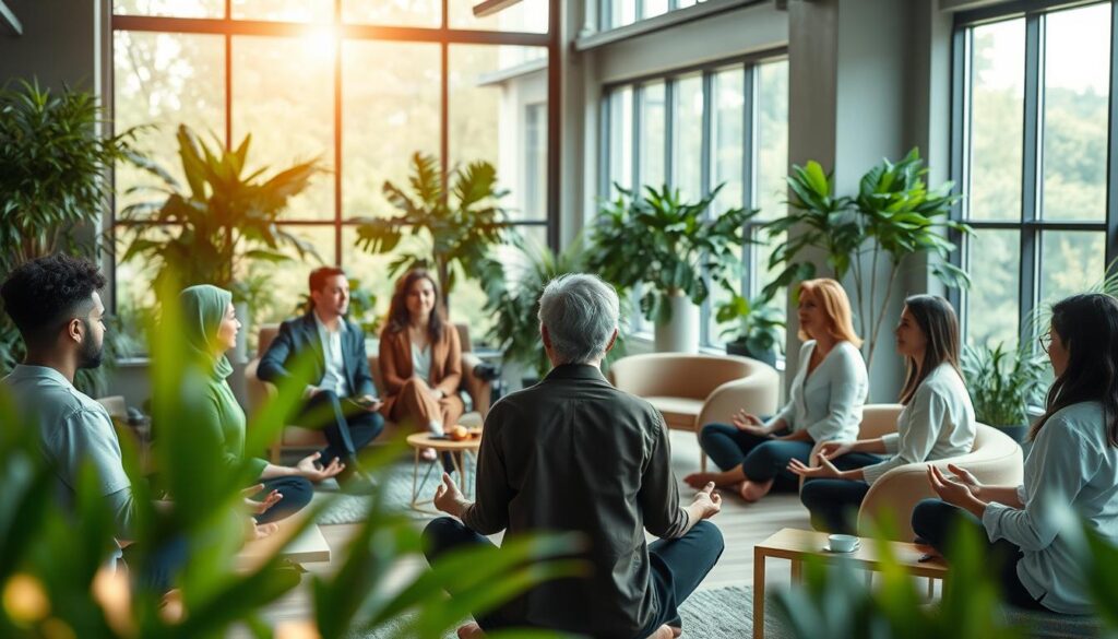A serene and uplifting scene depicting the concept of emotional health, focusing on a diverse group of professionals in a modern, peaceful office environment. In the foreground, a calming circle of people engaged in mindfulness activities, wearing professional business attire or modest casual clothing. The middle ground features lush greenery and cozy seating areas that encourage relaxation and connection. The background showcases large windows letting in warm, natural light, with soft lens flares that create an inviting atmosphere. The overall mood is tranquil and supportive, emphasizing the importance of neurowellness and emotional well-being. The image should evoke feelings of harmony, productivity, and longevity in a work setting.