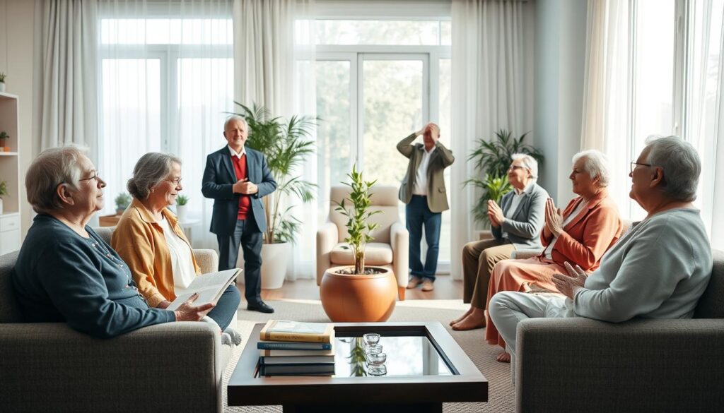 A serene living room setting that embodies the concept of Neurowellness in daily practices for seniors. In the foreground, a diverse group of elderly individuals, dressed in comfortable yet professional attire, engage in wholesome activities like meditation, reading, and light stretching. The middle ground features a cozy armchair with wellness books, a small indoor plant, and a calming water feature, enhancing the atmosphere of tranquility. In the background, large windows let in soft, natural light, illuminating the space and creating a warm, inviting ambiance. The scene captures a sense of independence and self-care, highlighting the importance of mental and physical wellness at advanced ages, with soothing colors and a harmonious composition that evokes a peaceful state of being.