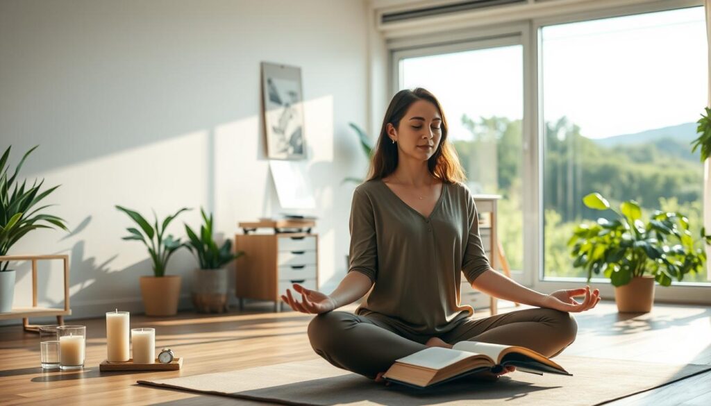 A serene office space featuring a young professional woman in modest casual clothing practicing stress management techniques. In the foreground, she is meditating on a yoga mat, surrounded by calming elements like scented candles and indoor plants. The middle of the composition includes a sunlit desk with an open notebook, a glass of water, and a small time-management clock, reflecting organization and tranquility. In the background, a large window reveals a peaceful landscape with greenery outside, suggesting freedom and relaxation. The lighting is soft and warm, casting gentle shadows that enhance the peaceful atmosphere. The overall mood is one of calmness, emphasizing emotional balance and effective stress management. A serene office space featuring a young professional woman in modest casual clothing practicing stress management techniques. In the foreground, she is meditating on a yoga mat, surrounded by calming elements like scented candles and indoor plants. The middle of the composition includes a sunlit desk with an open notebook, a glass of water, and a small time-management clock, reflecting organization and tranquility. In the background, a large window reveals a peaceful landscape with greenery outside, suggesting freedom and relaxation. The lighting is soft and warm, casting gentle shadows that enhance the peaceful atmosphere. The overall mood is one of calmness, emphasizing emotional balance and effective stress management.