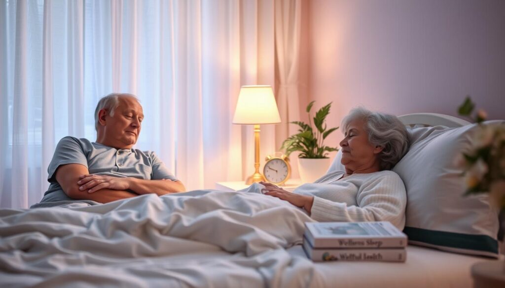A serene scene illustrating the importance of sleep in mental health for seniors. In the foreground, an elderly couple, dressed in modest, comfortable sleepwear, peacefully sleeping side by side in a cozy bedroom. Soft, warm light filters through sheer curtains, casting gentle shadows. In the middle ground, a bedside table with a soothing lamp, a clock showing a peaceful time of night, and a few wellness books about sleep and mental health. The background features a softly painted wall and a potted plant, adding a touch of nature. The atmosphere is tranquil and nurturing, emphasizing comfort and the beauty of restful sleep for elderly individuals. The image should evoke a sense of calm and wellness, highlighting healthy aging practices. A serene scene illustrating the importance of sleep in mental health for seniors. In the foreground, an elderly couple, dressed in modest, comfortable sleepwear, peacefully sleeping side by side in a cozy bedroom. Soft, warm light filters through sheer curtains, casting gentle shadows. In the middle ground, a bedside table with a soothing lamp, a clock showing a peaceful time of night, and a few wellness books about sleep and mental health. The background features a softly painted wall and a potted plant, adding a touch of nature. The atmosphere is tranquil and nurturing, emphasizing comfort and the beauty of restful sleep for elderly individuals. The image should evoke a sense of calm and wellness, highlighting healthy aging practices.