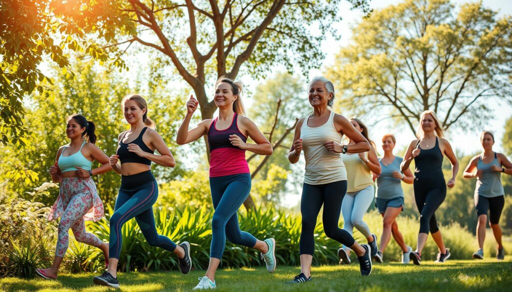 A vibrant and inspiring scene showcasing the connection between physical exercise and brain longevity. In the foreground, a diverse group of individuals, aged 30-60, engage in various forms of exercise such as yoga, jogging, and strength training, all wearing modest activewear. The middle ground features lush greenery, including trees and plants, symbolizing health and vitality. Dappled sunlight filters through the leaves, casting gentle light on the scene, creating a warm and energetic atmosphere. The background shows a clear blue sky, enhancing the sense of freedom and well-being. The entire composition is dynamic, emphasizing movement and vitality, inviting viewers to reflect on the positive impact of exercise on brain health and cognitive longevity. A vibrant and inspiring scene showcasing the connection between physical exercise and brain longevity. In the foreground, a diverse group of individuals, aged 30-60, engage in various forms of exercise such as yoga, jogging, and strength training, all wearing modest activewear. The middle ground features lush greenery, including trees and plants, symbolizing health and vitality. Dappled sunlight filters through the leaves, casting gentle light on the scene, creating a warm and energetic atmosphere. The background shows a clear blue sky, enhancing the sense of freedom and well-being. The entire composition is dynamic, emphasizing movement and vitality, inviting viewers to reflect on the positive impact of exercise on brain health and cognitive longevity.