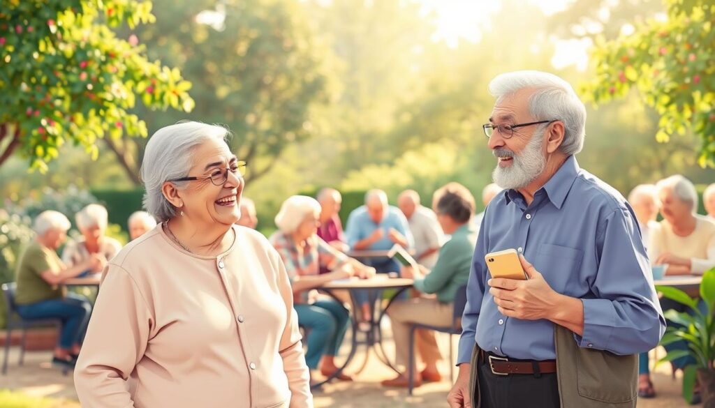 A vibrant illustration depicting social connections as a cerebral exercise, focusing on a diverse group of older adults, aged 70 to 80, engaging in various activities that foster interaction and mental stimulation. In the foreground, two elderly individuals, a man and a woman, are sharing a lighthearted conversation, both dressed in modest casual clothing. In the middle ground, small clusters of seniors are gathered around tables, playing games and discussing books, creating a sense of community. The background features beautiful greenery and soft, diffused sunlight filtering through trees, enhancing a warm and inviting atmosphere. The overall mood is lively and engaging, emphasizing the joy and vitality of social interactions. Ensure the composition is well-lit, with a slight depth of field to bring focus to the subjects while softly blurring the background.