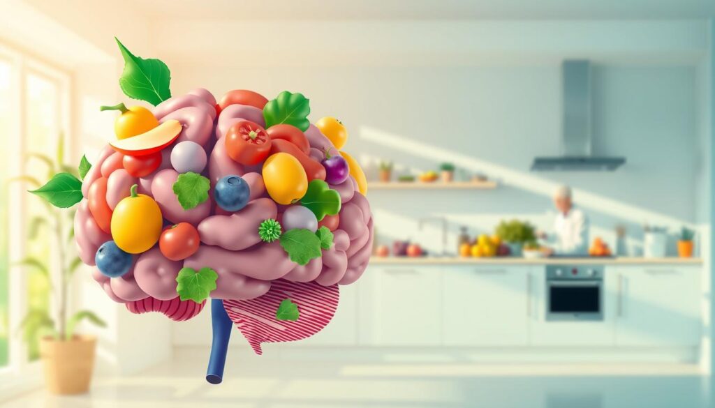 A vibrant illustration of brain nutrition, depicting a human brain in the foreground, intertwined with colorful fruits and vegetables symbolizing the nutrients essential for cognitive health. In the middle ground, a serene kitchen setting with a scientist or nutritionist in a white lab coat, analyzing brain-healthy foods. The background features a soft-focus view of a bright, airy room with sunlight streaming through a window, creating a warm and inviting atmosphere. The lighting is natural and bright, casting gentle shadows, while the colors are rich and lively to evoke a sense of vitality and wellness. The scene is designed to communicate the importance of nutrition for brain health in a calm and inspiring way. A vibrant illustration of brain nutrition, depicting a human brain in the foreground, intertwined with colorful fruits and vegetables symbolizing the nutrients essential for cognitive health. In the middle ground, a serene kitchen setting with a scientist or nutritionist in a white lab coat, analyzing brain-healthy foods. The background features a soft-focus view of a bright, airy room with sunlight streaming through a window, creating a warm and inviting atmosphere. The lighting is natural and bright, casting gentle shadows, while the colors are rich and lively to evoke a sense of vitality and wellness. The scene is designed to communicate the importance of nutrition for brain health in a calm and inspiring way.