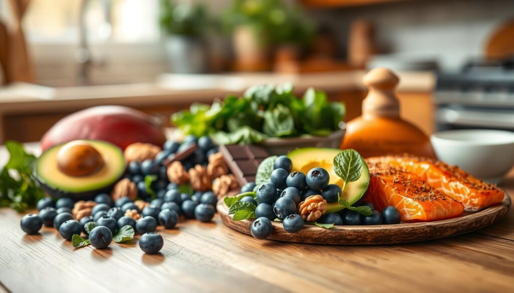 A visually appealing and healthy arrangement of brain-boosting foods on a wooden table. In the foreground, showcase vibrant blueberries, avocados, walnuts, and dark chocolate, all artistically placed on a rustic plate. In the middle ground, include fresh spinach and salmon fillets, emphasizing their rich colors and textures. The background features a softly blurred kitchen setting with warm, natural lighting, creating a cozy atmosphere. Use a shallow depth of field to highlight the food while maintaining subtle hints of herbs and spices in the blurred area. The overall mood should be inviting and energizing, reflecting the importance of nutrition for brain health.