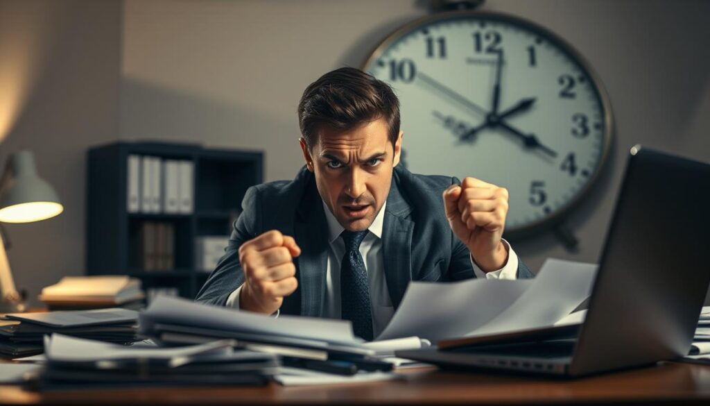 A visually striking representation of chronic stress affecting cognitive function. In the foreground, a business professional appears overwhelmed, with furrowed brows and clenched fists, seated at a desk strewn with papers and a laptop. In the middle ground, a large clock looms, its hands moving rapidly, symbolizing the relentless passage of time and pressure. The background features a blurred office environment with dim lighting and shadows, creating a sense of confinement and tension. Soft, cool tones dominate the color palette, evoking feelings of unease. A faint glow from a desk lamp casts dramatic shadows, enhancing the stressed atmosphere while highlighting the subject's anxious expression. Aim for a slightly low angle that captures the urgency and chaos of the scene.