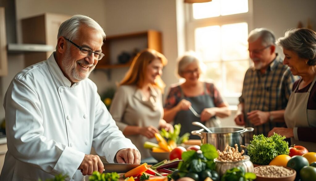 A diverse group of older adults engaging in a lively cooking class, showcasing the importance of balanced nutrition for disease prevention. In the foreground, focus on a smiling older man in a crisp white chef's coat, expertly chopping colorful vegetables, surrounded by vibrant ingredients like leafy greens, fruits, and whole grains. In the middle, showcase a woman in modest casual attire stirring a pot, while a couple in the background shares a light-hearted conversation, all set in a warm and inviting kitchen filled with natural light. Soft, golden sunlight streams through a large window, creating a healthy and inspiring atmosphere. The overall mood is uplifting, emphasizing community and the joy of healthy eating. A diverse group of older adults engaging in a lively cooking class, showcasing the importance of balanced nutrition for disease prevention. In the foreground, focus on a smiling older man in a crisp white chef's coat, expertly chopping colorful vegetables, surrounded by vibrant ingredients like leafy greens, fruits, and whole grains. In the middle, showcase a woman in modest casual attire stirring a pot, while a couple in the background shares a light-hearted conversation, all set in a warm and inviting kitchen filled with natural light. Soft, golden sunlight streams through a large window, creating a healthy and inspiring atmosphere. The overall mood is uplifting, emphasizing community and the joy of healthy eating.