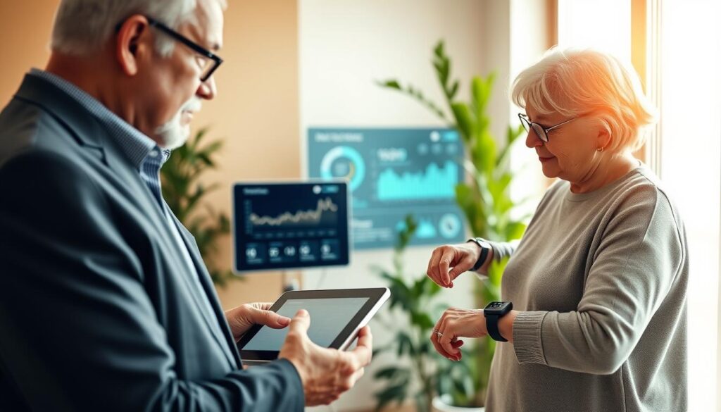 A modern healthcare setting focusing on elderly individuals using technology for better health management. In the foreground, an older man in professional attire is interacting with a tablet, displaying health metrics. Beside him, a woman in modest casual clothing is using a smartwatch, checking her heart rate. In the middle ground, a sleek digital display shows health analytics and reminders in a bright, inviting room filled with greenery. In the background, a warm-toned window lets in natural light, enhancing the atmosphere of well-being and positivity. The image should convey a sense of empowerment through technology, with soft lighting and an optimistic mood, reflecting the theme of longevity and modern health care innovations for seniors.