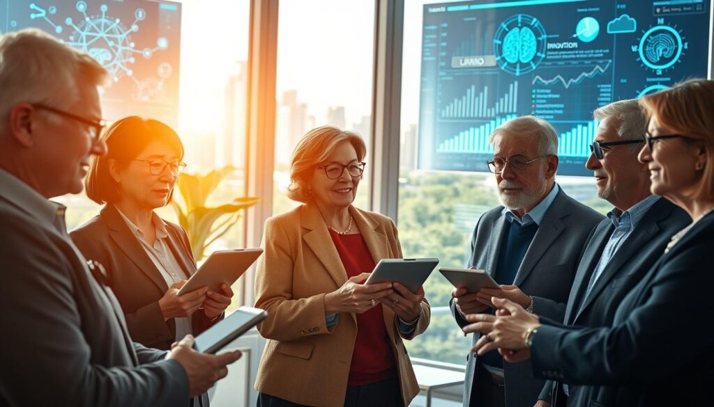 A modern workspace filled with vibrant technology symbols, focusing on the concept of "intelligent longevity". In the foreground, a diverse group of older adults, equipped with tablets and wearables, engage in collaborative learning, dressed in professional business attire. The middle ground features digital screens displaying neural networks and innovation graphs, while a warm, inviting light flows through large windows, creating a productive atmosphere. The background shows a futuristic cityscape with green spaces, symbolizing harmony between technology and nature. Use a slightly elevated angle to capture both the people and technology dynamics. The overall mood is one of innovation, wisdom, and interconnectedness, emphasizing the synergy of lifelong learning and intelligent longevity.