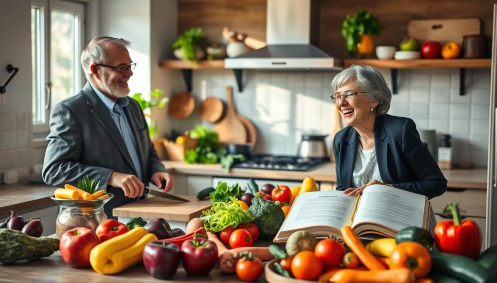 A serene kitchen setting filled with colorful fruits and vegetables representing longevity and nutrition. In the foreground, a senior man and woman, dressed in professional business attire, are preparing a healthy meal together, laughing and enjoying the process. In the middle, a well-organized countertop with cutting boards, a variety of fresh ingredients, and healthy cookbooks open to nutritious recipes. The background features warm, natural lighting streaming through a window, illuminating the vibrant colors of the food. The atmosphere is joyful and collaborative, emphasizing the importance of nutrition in promoting health and longevity. Use a wide-angle lens to capture the entire scene in detail, conveying a sense of warmth and community.