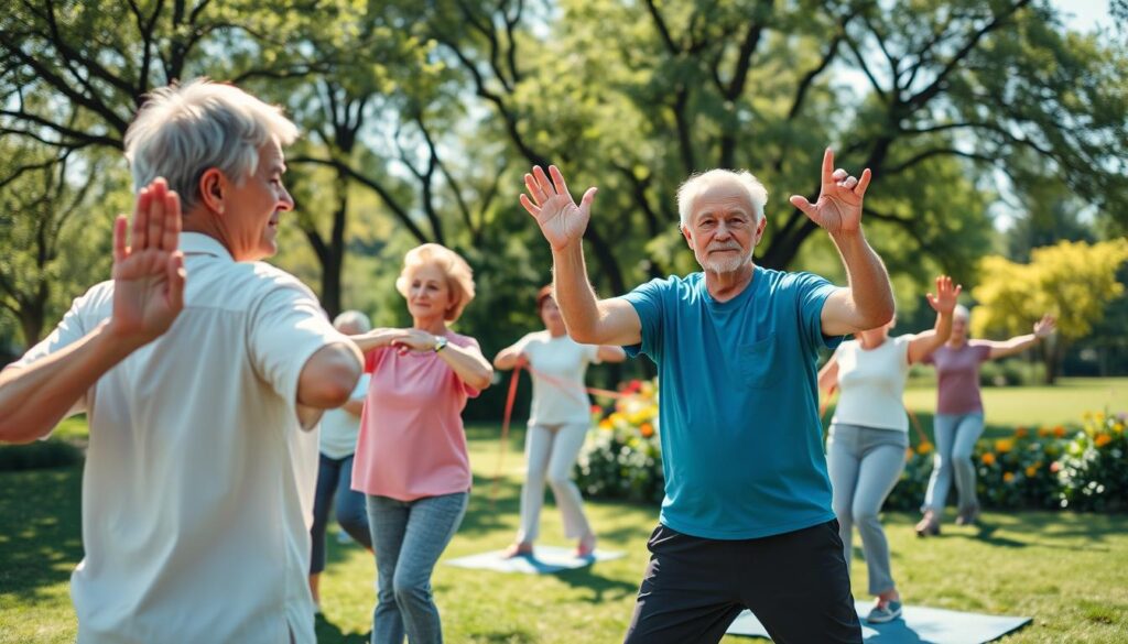 A serene outdoor scene featuring a diverse group of senior individuals engaged in gentle physical exercises, such as stretching and yoga. In the foreground, a couple of seniors, one man and one woman, are practicing tai chi, demonstrating focus and harmony. In the middle ground, other seniors participate in light resistance training with elastic bands, showcasing community and interaction. The background is a lush park with soft greenery and bright flowers under a clear, sunny sky, casting dappled light through the trees. The mood is uplifting and vibrant, emphasizing vitality and longevity. Use a wide-angle lens to capture the entire scene, promoting a sense of connection with nature and health. The lighting should be warm and inviting, enhancing the cheerful atmosphere. A serene outdoor scene featuring a diverse group of senior individuals engaged in gentle physical exercises, such as stretching and yoga. In the foreground, a couple of seniors, one man and one woman, are practicing tai chi, demonstrating focus and harmony. In the middle ground, other seniors participate in light resistance training with elastic bands, showcasing community and interaction. The background is a lush park with soft greenery and bright flowers under a clear, sunny sky, casting dappled light through the trees. The mood is uplifting and vibrant, emphasizing vitality and longevity. Use a wide-angle lens to capture the entire scene, promoting a sense of connection with nature and health. The lighting should be warm and inviting, enhancing the cheerful atmosphere.