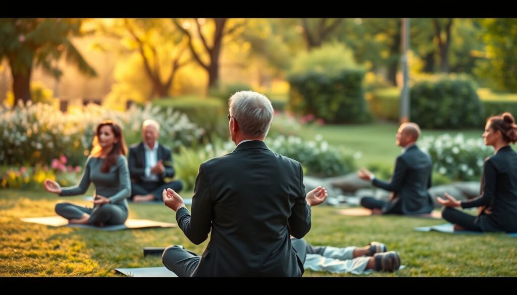 A serene scene depicting the concept of 'intelligent longevity' through mindfulness. In the foreground, a diverse group of individuals, dressed in professional business attire, engage in a mindful meditation practice, sitting on yoga mats in a tranquil park setting. The middle ground features vibrant greenery, with blooming flowers and a gentle flowing stream, symbolizing health and vitality. In the background, soft, golden sunlight filters through the trees, creating a warm and inviting atmosphere. The composition is balanced, with an emphasis on connection between mind and body, evoking feelings of peace, longevity, and holistic wellness. The lighting is soft and diffused, capturing a tranquil early morning ambiance, inviting viewers to reflect on the benefits of mindfulness for a longer, healthier life.