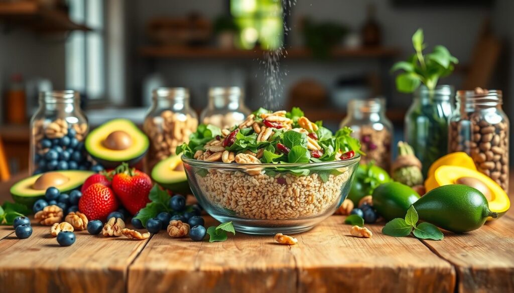 A vibrant and balanced meal spread showcasing brain-healthy foods on a rustic wooden table. In the foreground, a colorful array of fresh fruits like blueberries, avocados, and walnuts, artfully arranged. In the middle, a large bowl of leafy greens and quinoa salad garnished with seeds, sprinkled with olive oil. Surrounding the meal, clear jars filled with nuts and dried fruits, creating an inviting atmosphere. The background features soft, natural lighting filtering through a kitchen window, highlighting the vibrant colors of the food and adding warmth to the scene. A subtle, blurred hint of fresh herbs and spices can be seen, enhancing the overall feeling of vitality and health. The mood is inspiring and energizing, reflecting the importance of nutrition for longevity.