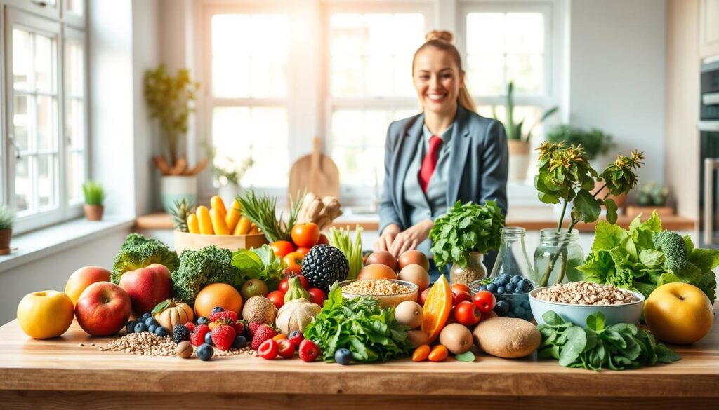 A vibrant and colorful depiction of a balanced nutrition table showcasing a variety of healthy foods to represent disease prevention, set against a bright, airy kitchen. In the foreground, a wooden table is adorned with fresh fruits like apples and berries, leafy greens, whole grains, and lean proteins arranged aesthetically. In the middle, a person in professional business attire is joyfully preparing a nutritious meal, radiating a sense of health and vitality. The background features large windows allowing natural light to flood in, enhancing the warm and inviting atmosphere. The composition emphasizes an environment of longevity and well-being, underscored by soft, diffused lighting that creates an uplifting mood.