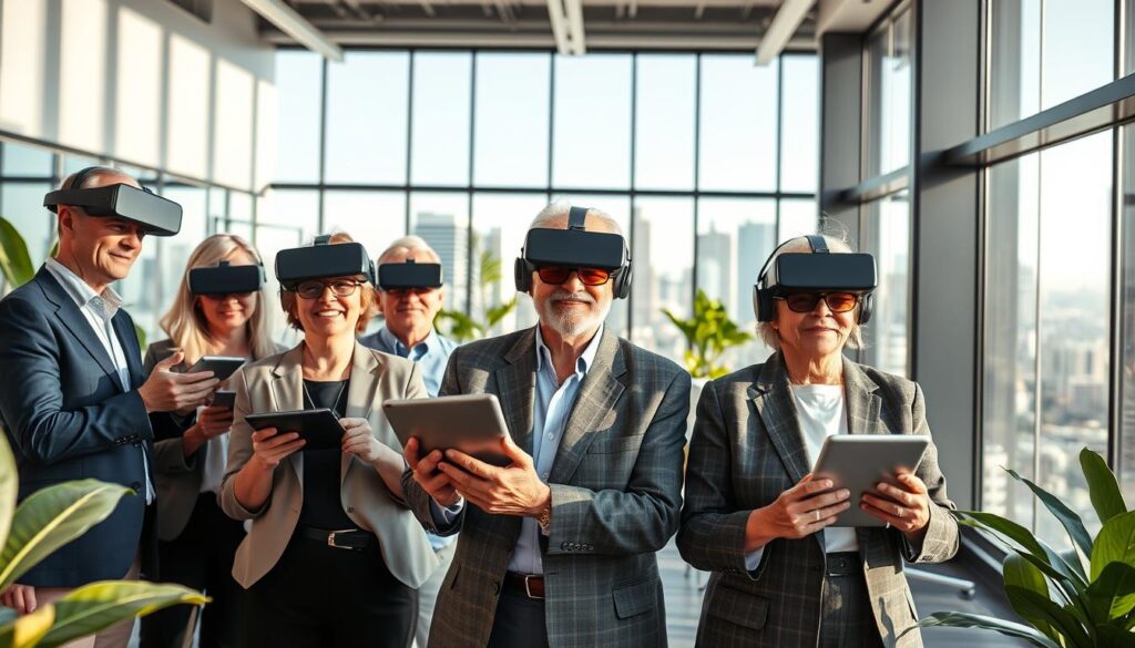 A vibrant and futuristic workspace illustrating "Modern Technologies and Longevity." In the foreground, a diverse group of seniors in professional business attire enthusiastically engage with advanced tech devices like tablets and VR headsets, showcasing active participation in a digital environment. In the middle ground, an open-plan office features sleek ergonomic furniture and greenery, emphasizing a harmonious work-life balance. The background displays large windows revealing a bright cityscape, symbolizing endless opportunities and growth. Soft, natural lighting filters through the glass, creating a warm and inviting atmosphere. The focus is on collaboration and innovation, with an optimistic mood highlighting the transformative power of modern technologies in enhancing longevity and active living. A vibrant and futuristic workspace illustrating "Modern Technologies and Longevity." In the foreground, a diverse group of seniors in professional business attire enthusiastically engage with advanced tech devices like tablets and VR headsets, showcasing active participation in a digital environment. In the middle ground, an open-plan office features sleek ergonomic furniture and greenery, emphasizing a harmonious work-life balance. The background displays large windows revealing a bright cityscape, symbolizing endless opportunities and growth. Soft, natural lighting filters through the glass, creating a warm and inviting atmosphere. The focus is on collaboration and innovation, with an optimistic mood highlighting the transformative power of modern technologies in enhancing longevity and active living.