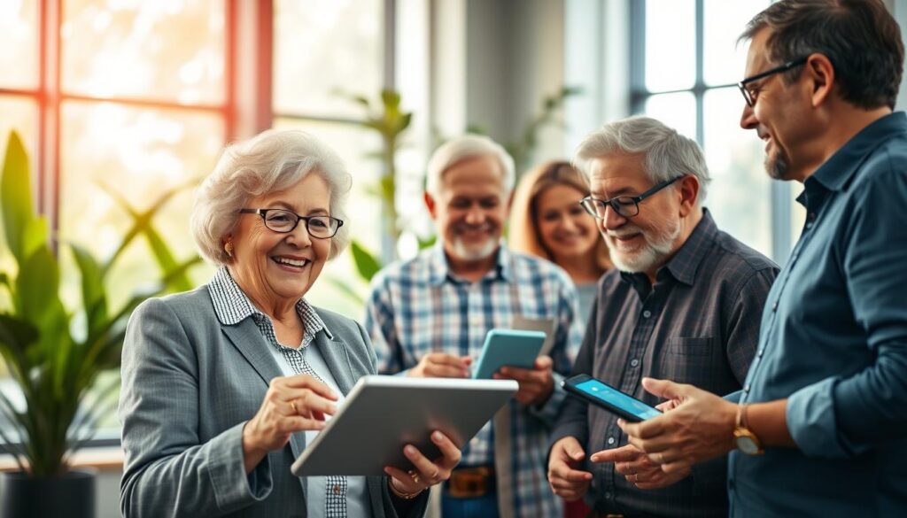 A vibrant and inspiring scene depicting "active longevity," showcasing a diverse group of older adults engaged with modern technology in a bright, inviting workspace. In the foreground, a cheerful elderly woman in professional attire is using a tablet, surrounded by digital screens displaying innovative apps. In the middle ground, a senior man enthusiastically collaborating with colleagues, showcasing a blend of creativity and experience. The background features a sleek, modern office filled with greenery and natural light streaming through large windows, enhancing a sense of vitality. The atmosphere is positive and empowering, emphasizing the concept of bridging experience with innovation. Use soft, warm lighting for a welcoming ambiance, captured at a slight angle to provide depth.