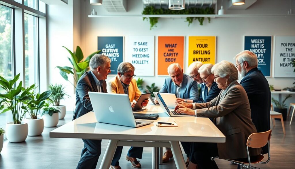 A vibrant and inspiring scene depicting senior individuals engaged in modern technology and entrepreneurship. In the foreground, a diverse group of older adults, dressed in professional business attire, is collaborating around a sleek, modern table with laptops and tablets, showcasing their digital skills. The middle ground features a bright, airy coworking space filled with greenery and natural light streaming through large windows. In the background, motivational posters about innovation and longevity add to the atmosphere. Soft, warm lighting enhances the ambiance, creating a sense of optimism and possibility. The overall mood is one of empowerment, highlighting the intersection of senior entrepreneurship and modern technology, encouraging a vision of a fulfilling and active life in the later years.