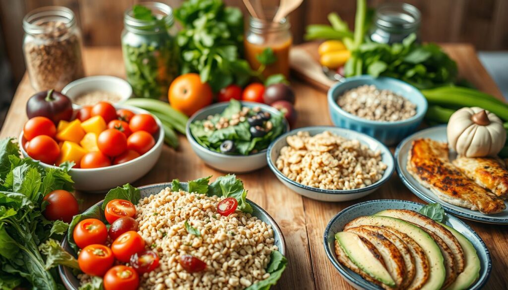 A vibrant and visually appealing spread of healthy foods focusing on balanced nutrition, featuring a variety of brightly colored fruits, vegetables, whole grains, and lean proteins arranged artistically on a wooden table. In the foreground, there are neatly organized dishes with precise portions, showcasing a salad with leafy greens, cherry tomatoes, and avocado, alongside quinoa and grilled chicken. The middle layer includes a background of fresh herbs and a jar of whole grain pasta. The lighting is soft and warm, creating a welcoming atmosphere, reminiscent of a cozy kitchen. The angle is slightly overhead, emphasizing the array of healthy options. The overall mood should convey inspiration for healthy eating that promotes longevity and wellness. A vibrant and visually appealing spread of healthy foods focusing on balanced nutrition, featuring a variety of brightly colored fruits, vegetables, whole grains, and lean proteins arranged artistically on a wooden table. In the foreground, there are neatly organized dishes with precise portions, showcasing a salad with leafy greens, cherry tomatoes, and avocado, alongside quinoa and grilled chicken. The middle layer includes a background of fresh herbs and a jar of whole grain pasta. The lighting is soft and warm, creating a welcoming atmosphere, reminiscent of a cozy kitchen. The angle is slightly overhead, emphasizing the array of healthy options. The overall mood should convey inspiration for healthy eating that promotes longevity and wellness.
