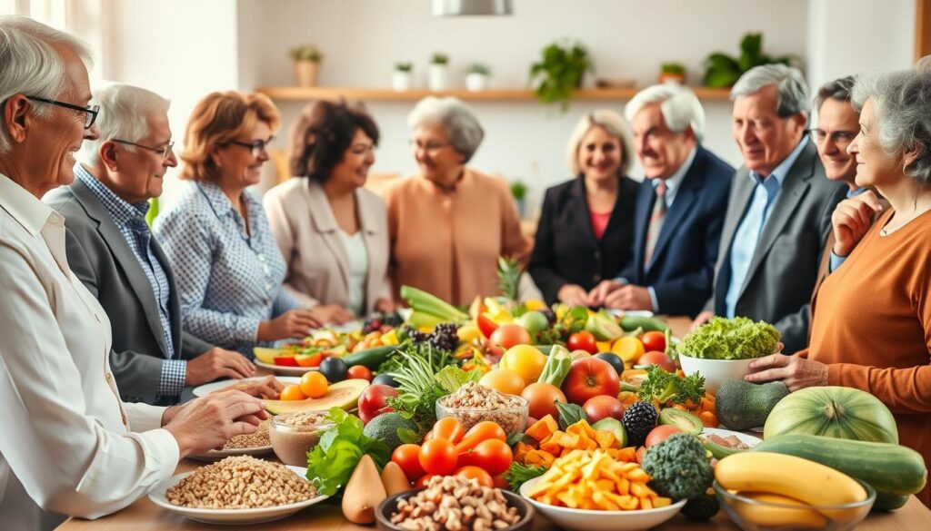 A vibrant composition showcasing the theme of disease prevention through balanced nutrition, emphasizing its role in longevity. In the foreground, a diverse group of older adults in professional business attire or modest casual clothing, engaging in a lively discussion over a colorful spread of nutritious foods—fresh fruits, vegetables, whole grains, and lean proteins. In the middle, a beautifully arranged table with plates and bowls of food, highlighting variety and balance. The background features a soft-focus kitchen or community garden setting, bathed in warm, natural light, creating an inviting atmosphere. The scene conveys a sense of health, vitality, and community, inspiring a positive outlook on nutrition’s role in aging gracefully.
