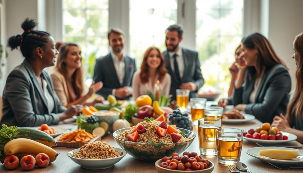 A vibrant, healthy dining scene featuring a colorful array of fresh fruits, vegetables, and whole grains artfully arranged on a beautifully set table. In the foreground, a diverse group of professionals is engaging in discussion, showcasing their enthusiasm for nutrition and wellness, dressed in smart casual attire. In the middle, the table highlights dishes such as a hearty quinoa salad, a platter of bright berries, and herbal teas, symbolizing a healthy lifestyle. The background features soft, natural lighting filtering through a large window that opens to a lush garden, creating a serene and inviting atmosphere. The overall mood conveys joy and a sense of community centered around healthy eating and longevity.