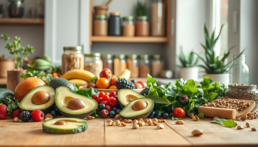 A vibrant, healthy food scene showcasing an array of colorful fruits, vegetables, and whole foods in an elegant, modern kitchen setting. In the foreground, a wooden table is adorned with cut sections of fresh avocados, berries, leafy greens, and nuts, radiating a sense of vitality. In the middle ground, a well-organized pantry can be seen, containing jars of grains and legumes, symbolizing sustainable nutrition. The background features soft, natural lighting streaming through a window, illuminating the scene and creating a warm and inviting atmosphere. A subtle focus on the textures of the food enhances the image, while cozy plants add a touch of life. The mood conveys wellness and a commitment to lifelong health through nutritious eating.