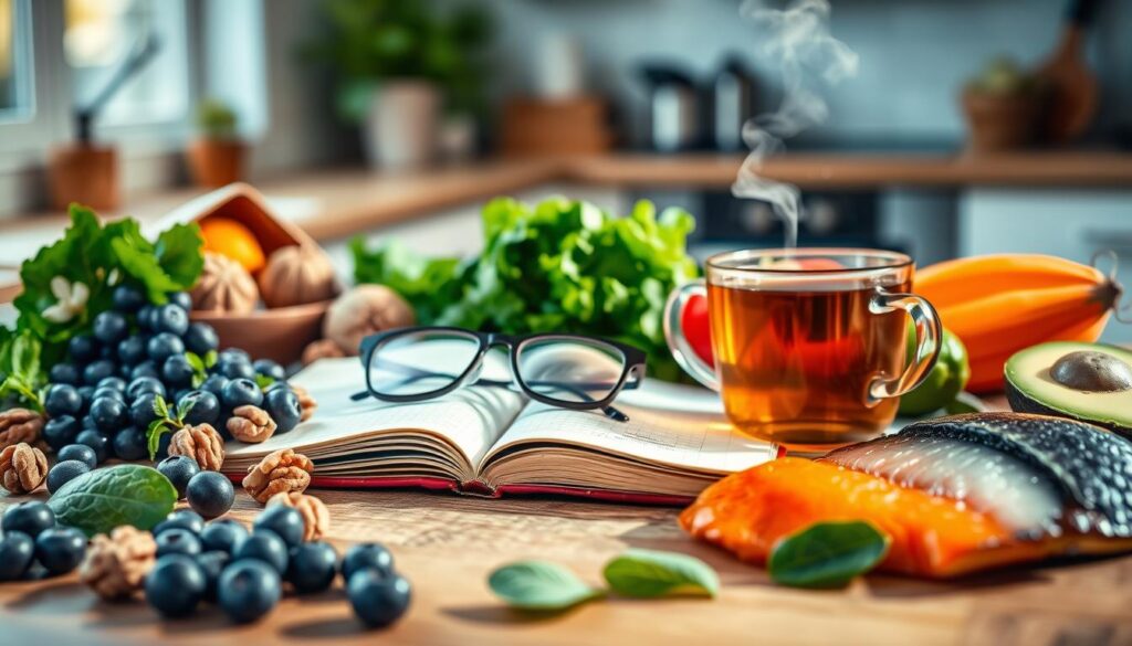 A visually striking composition showcasing balanced nutrition for brain health. In the foreground, a variety of colorful foods including blueberries, walnuts, leafy greens, avocados, and fatty fish artfully arranged on a wooden table, glistening with freshness. In the middle ground, an open notebook and a set of glasses positioned beside a steaming cup of herbal tea, symbolizing thoughtful reflection and study on nutrition. The background fades into a cozy kitchen atmosphere with soft natural light pouring in through a window, creating a warm, inviting ambiance. The scene evokes a sense of mindfulness and well-being, highlighting the importance of nutrition in promoting longevity and cognitive health. Shot with a shallow depth of field to emphasize the foreground elements, creating a rich, engaging visual narrative. A visually striking composition showcasing balanced nutrition for brain health. In the foreground, a variety of colorful foods including blueberries, walnuts, leafy greens, avocados, and fatty fish artfully arranged on a wooden table, glistening with freshness. In the middle ground, an open notebook and a set of glasses positioned beside a steaming cup of herbal tea, symbolizing thoughtful reflection and study on nutrition. The background fades into a cozy kitchen atmosphere with soft natural light pouring in through a window, creating a warm, inviting ambiance. The scene evokes a sense of mindfulness and well-being, highlighting the importance of nutrition in promoting longevity and cognitive health. Shot with a shallow depth of field to emphasize the foreground elements, creating a rich, engaging visual narrative.