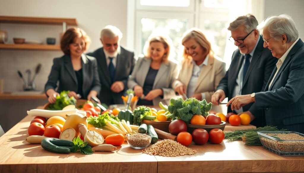 A warm and inviting kitchen scene featuring a diverse group of older adults engaged in preparing healthy meals together. In the foreground, showcase a wooden kitchen table laden with fresh fruits, vegetables, and whole grains, emphasizing nutrition as a key to longevity. In the middle ground, depict the individuals, dressed in professional business attire, joyfully chopping ingredients and sharing tips on healthy eating. The background features bright, natural light flooding through a window, illuminating the vibrant colors of the produce. Soft shadows cast by the sunlight create a welcoming atmosphere, conveying a sense of community and wellbeing. Capture the moment from a slight overhead angle to highlight the activity and collaboration within the scene. A warm and inviting kitchen scene featuring a diverse group of older adults engaged in preparing healthy meals together. In the foreground, showcase a wooden kitchen table laden with fresh fruits, vegetables, and whole grains, emphasizing nutrition as a key to longevity. In the middle ground, depict the individuals, dressed in professional business attire, joyfully chopping ingredients and sharing tips on healthy eating. The background features bright, natural light flooding through a window, illuminating the vibrant colors of the produce. Soft shadows cast by the sunlight create a welcoming atmosphere, conveying a sense of community and wellbeing. Capture the moment from a slight overhead angle to highlight the activity and collaboration within the scene.